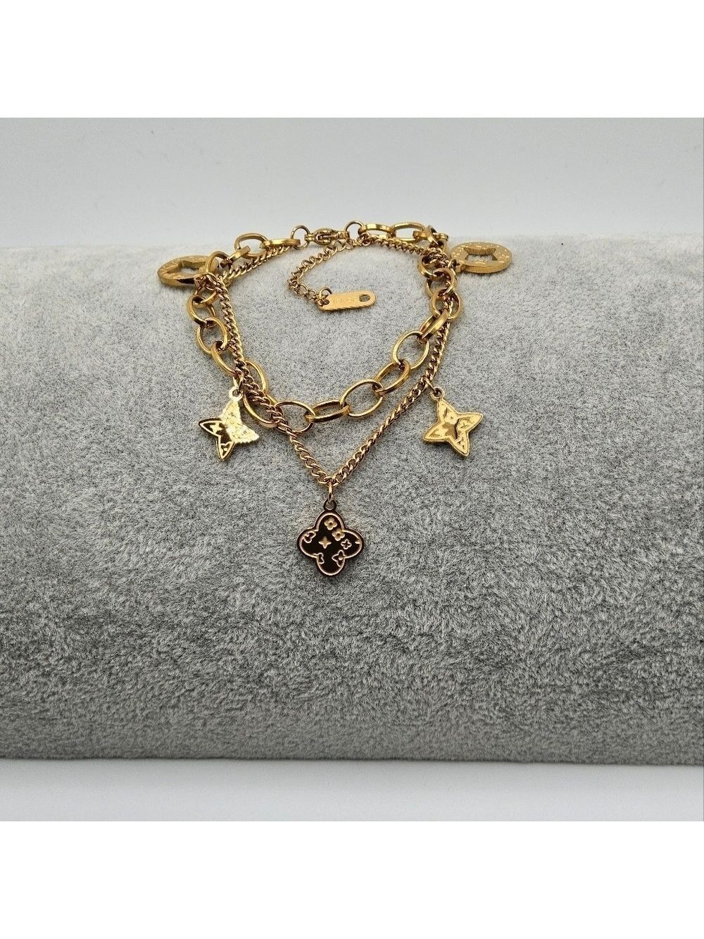 Luxury Clover Charm Double Chain Bracelet, 18k Gold Plated Stainless Steel